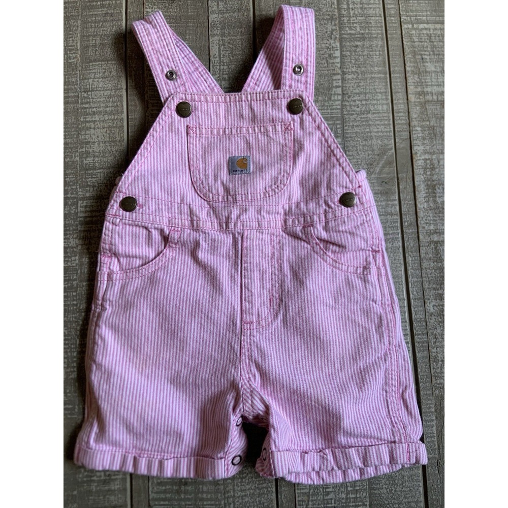Carhartt Baby 18m Month Railroad Stripe Overalls Shortall Cotton Snap Pink White